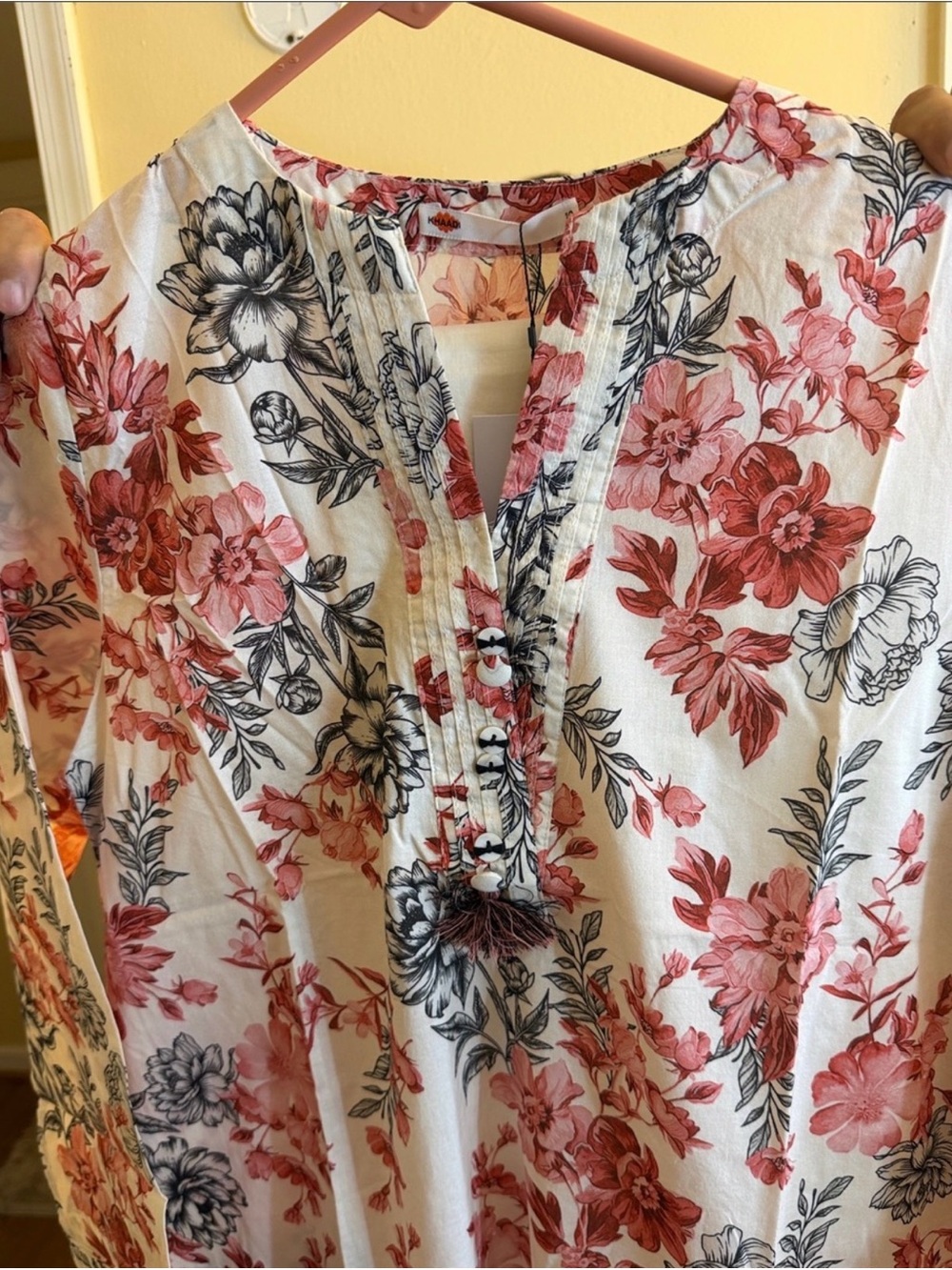 New Khaadi Women's Floral Split-Neck Tunic in Rose and Black Size 12